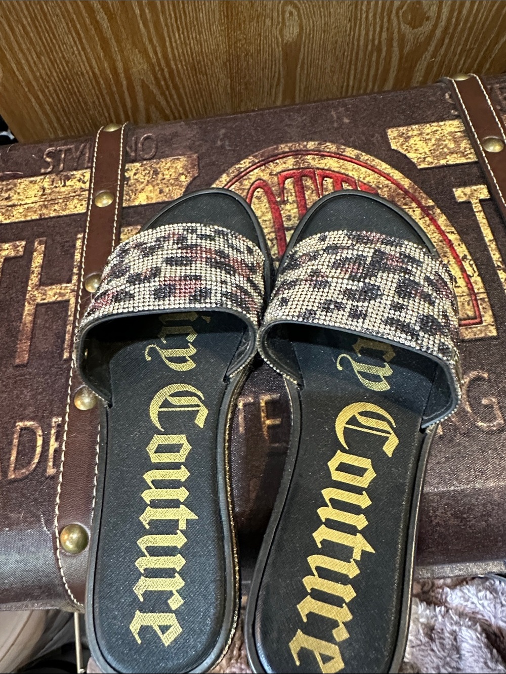 Juicy Couture Black Slide Sandals with Pink and Silver Crystal Straps
